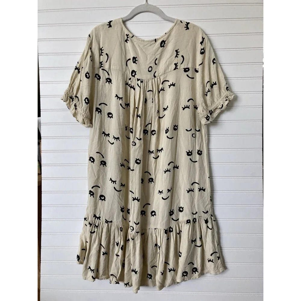 Monkl Mini Dress Tunic Face Print MEDIUM Women Ruffle Hem Artsy Quirky Boho